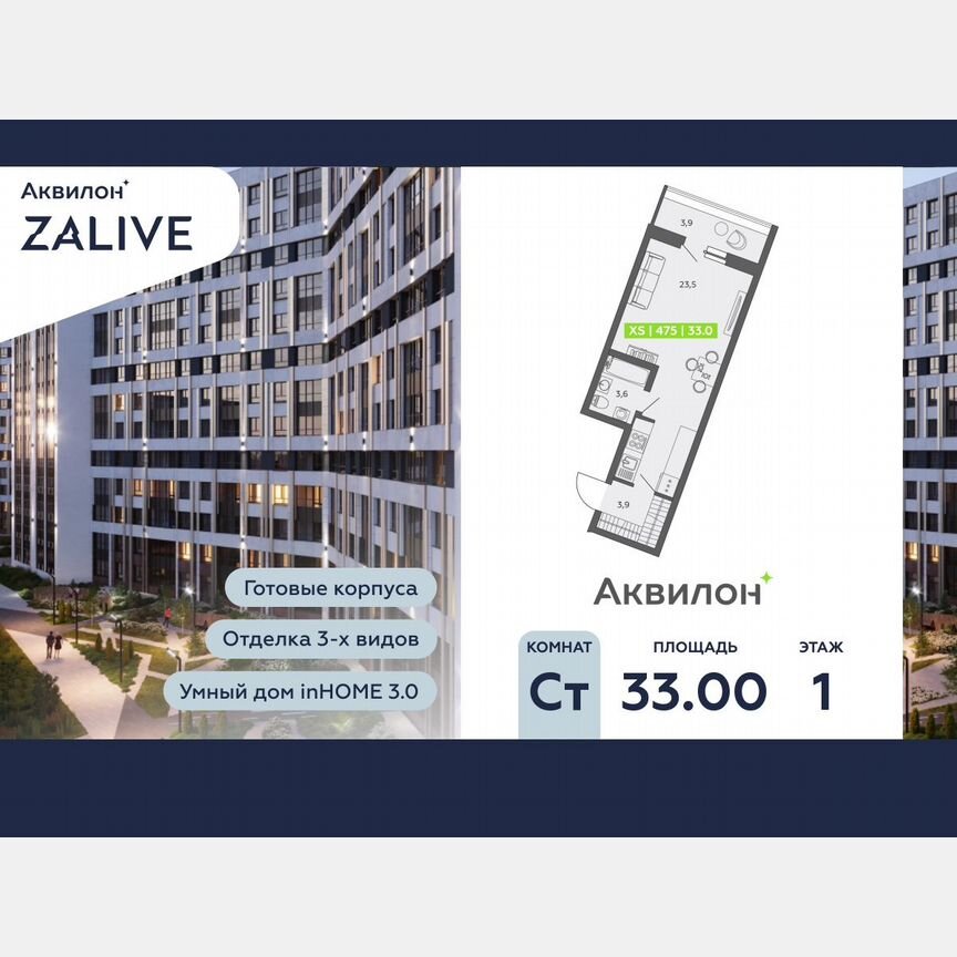 Квартира-студия, 33 м², 1/13 эт.