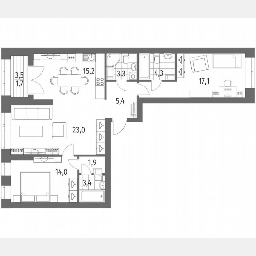 3-к. квартира, 89,4 м², 2/13 эт.