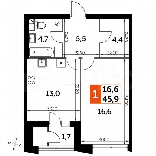 1-к. квартира, 45,9 м², 42/43 эт.