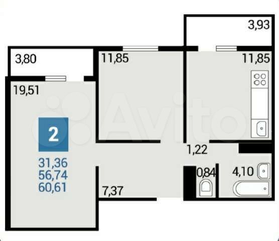 2-к. квартира, 60,6 м², 8/16 эт.