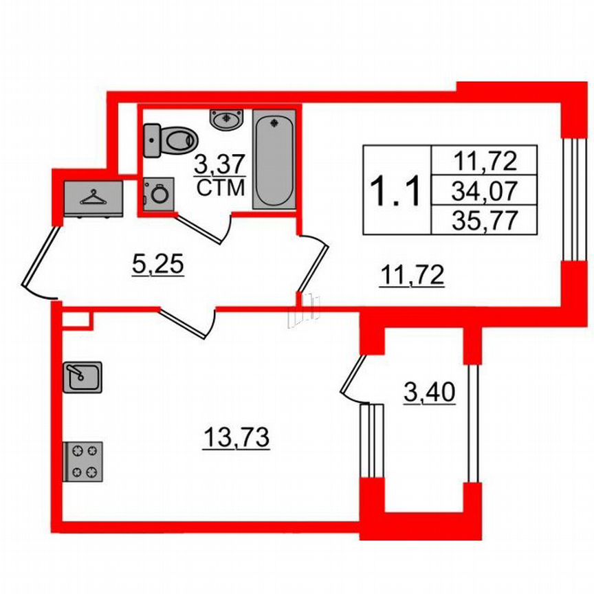 1-к. квартира, 34,1 м², 1/4 эт.