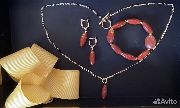 Серьги Браслет Подвеска сердолик,комплект новый