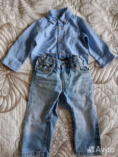 Рубашка-боди, джинсы на мальчика 12 мес