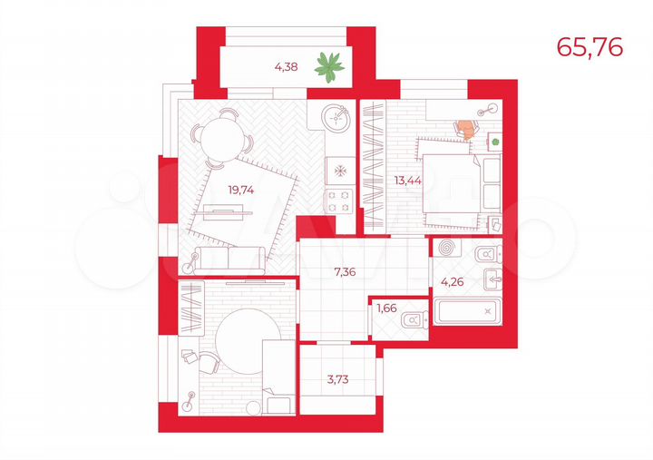 2-к. квартира, 65,8 м², 10/13 эт.