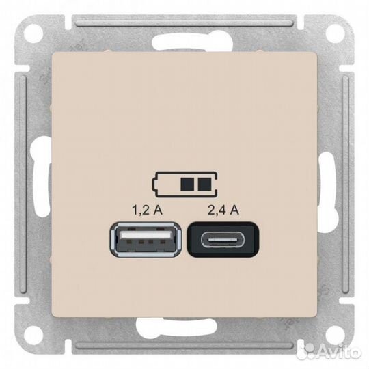 Розетка USB AtlasDesign тип A+C 5В/2.4А 2х5В/1.2А