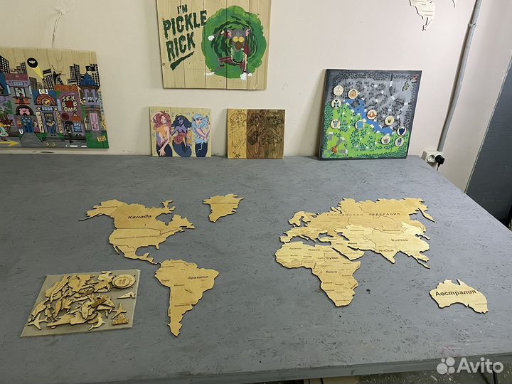 Карта мира одноуровневая из дерева