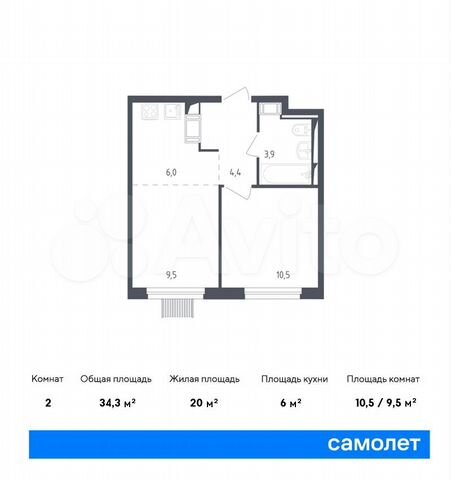 2-к. квартира, 34,3 м², 16/17 эт.