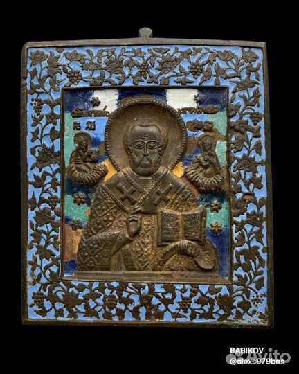 Икона Николай Чудотворец эмаль 6 цв. 19 век