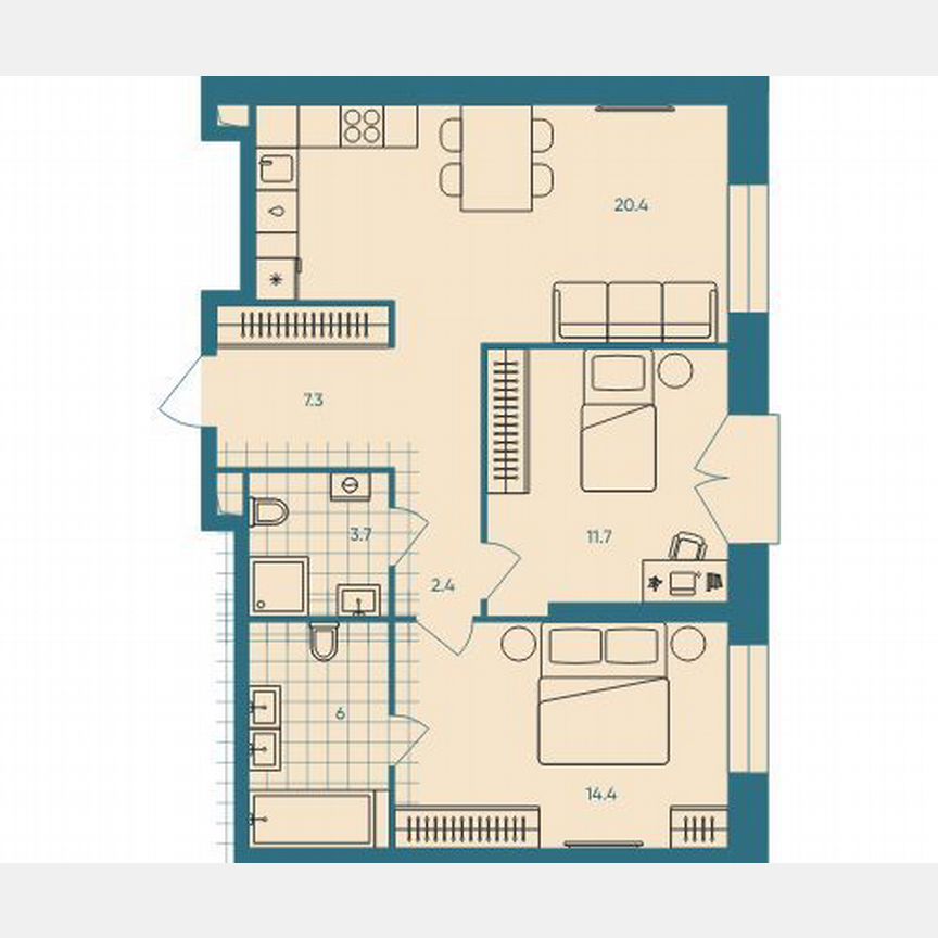 2-к. квартира, 65,9 м², 3/33 эт.