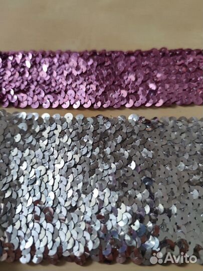 Тесьма пайеточная на резинке серебро и лиловый
