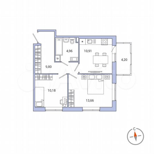 2-к. квартира, 50,8 м², 6/10 эт.