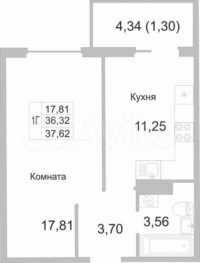 1-к. квартира, 37,6 м², 9/9 эт.