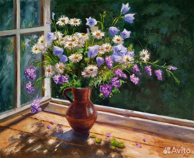 Картина маслом цветы. Букет Ромашек Радостный день