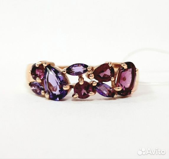 Золотое кольцо 585 пробы Родолит и Аметист