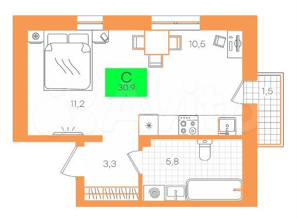 Квартира-студия, 30,9 м², 2/8 эт.