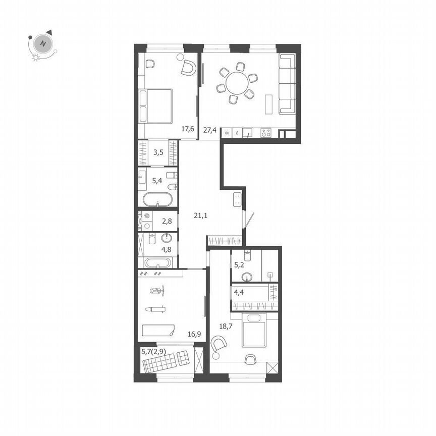 3-к. квартира, 130,7 м², 5/9 эт.