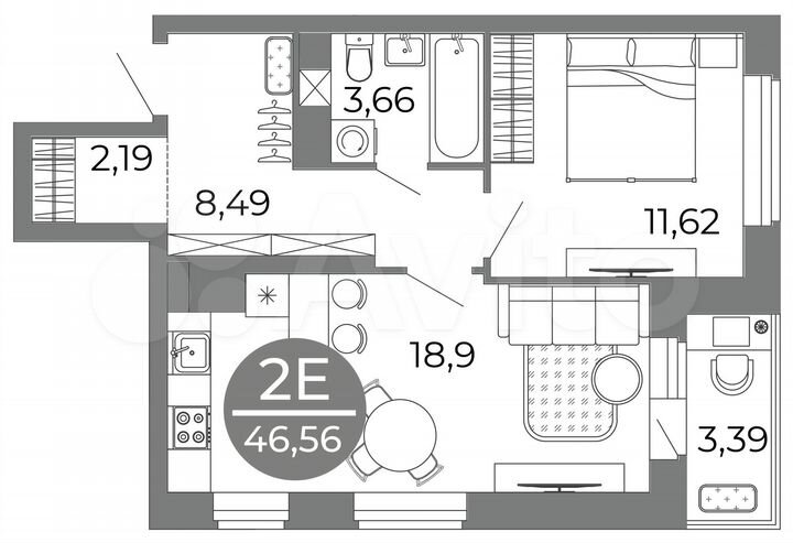 2-к. квартира, 46,6 м², 8/25 эт.