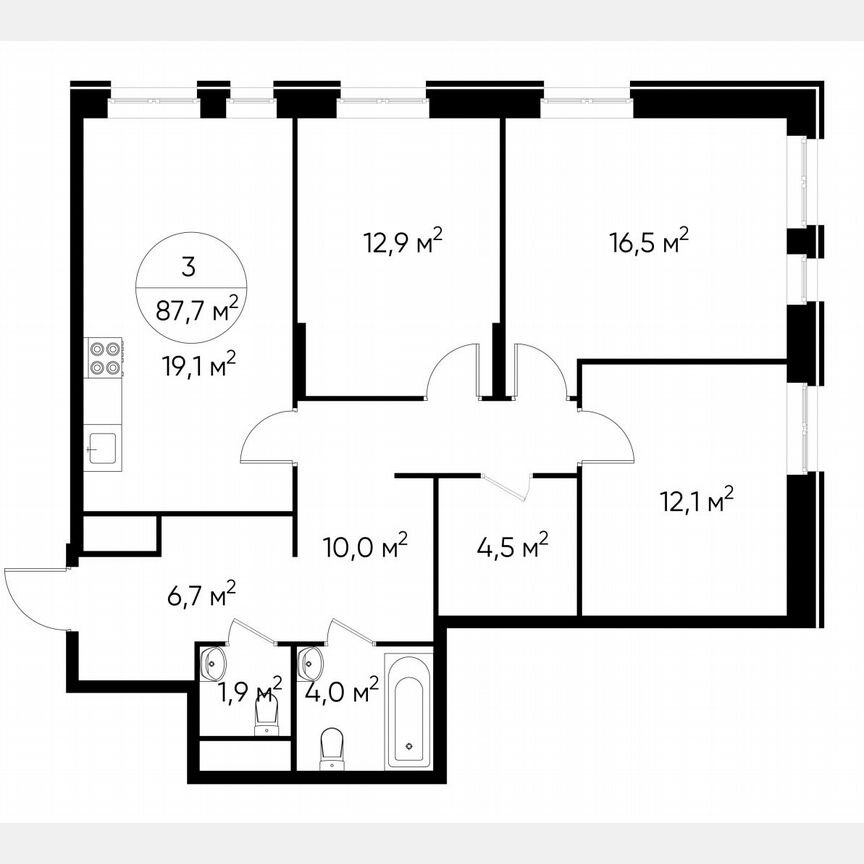 3-к. квартира, 87,7 м², 15/19 эт.