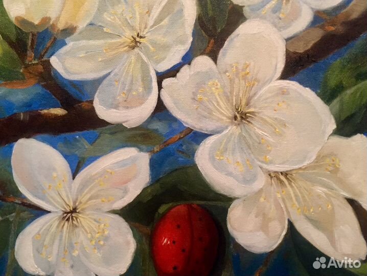 Картина маслом Цветущая яблоня весна божья коровка