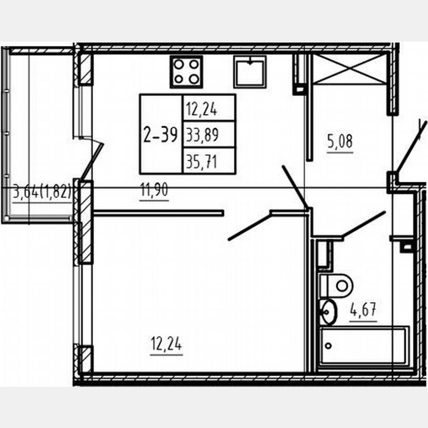 1-к. квартира, 33,9 м², 2/4 эт.