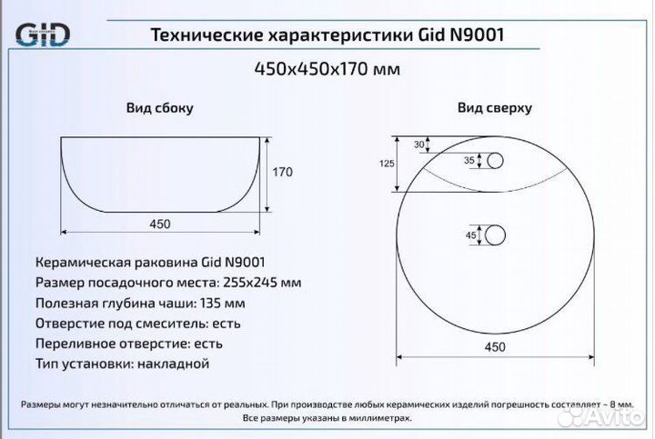 Раковина круглая на столешницу Gid(italy) 9001