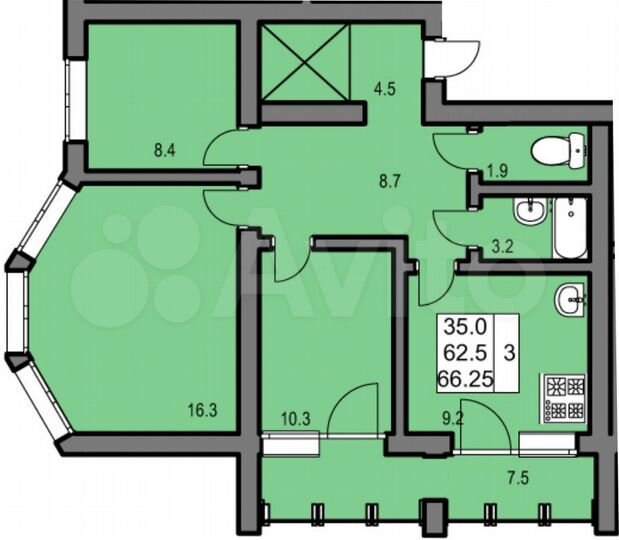 3-к. квартира, 66,3 м², 8/9 эт.