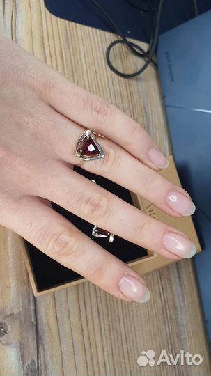 Серьги + кольцо серебро, гранат (имитация)