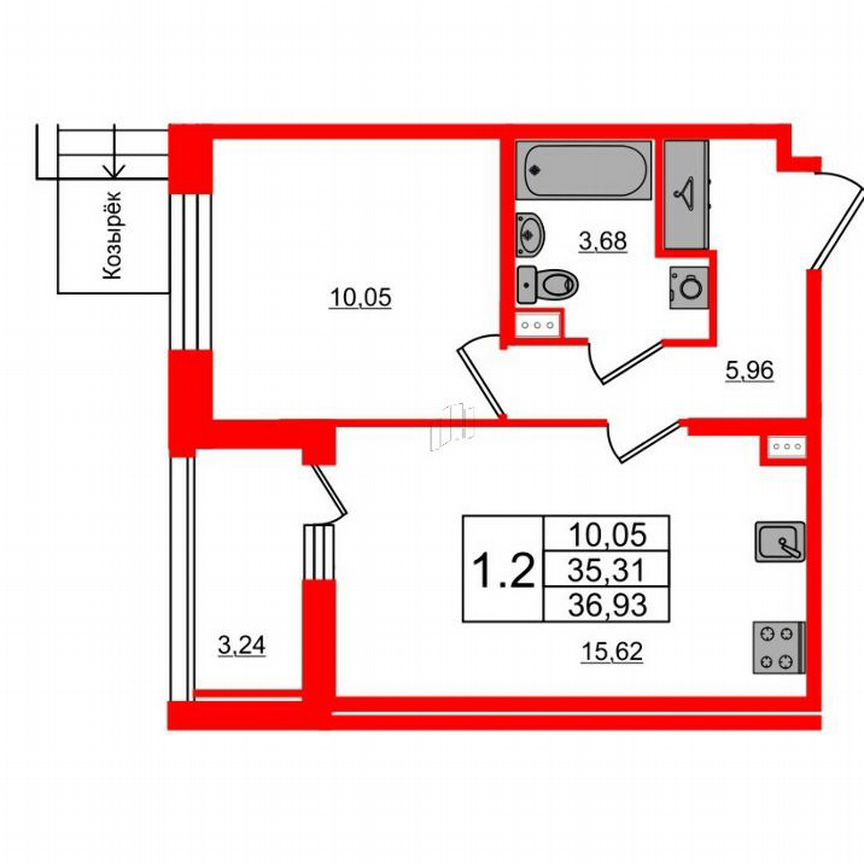 1-к. квартира, 35,3 м², 1/12 эт.