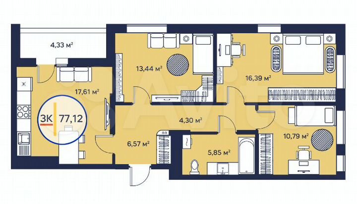 3-к. квартира, 77 м², 4/23 эт.