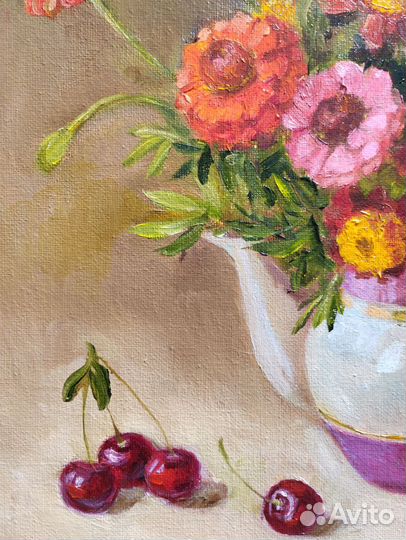 Картина с цветами и вишней маслом 30х30