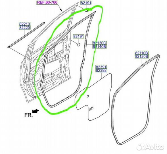 Уплотнитель двери передний левый Hyundai H1 D4CB