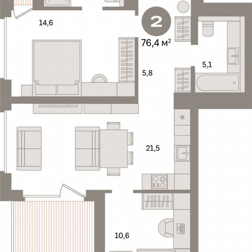 2-к. квартира, 77,4 м², 3/15 эт.