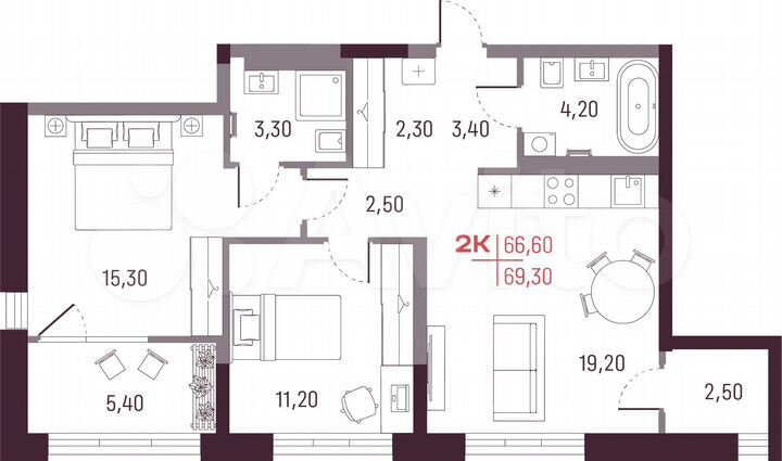 2-к. квартира, 66,6 м², 15/25 эт.