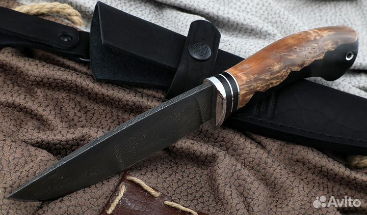 Нож Нептун сталь дамаск торцевой, рукоять карельск