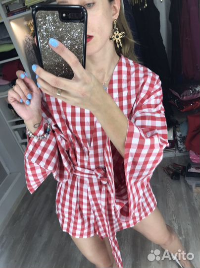 Рубашка женская кимоно в клетку красная