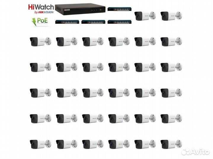 32 камеры видеонаблюдения HiWatch 2Мп IP PoE компл