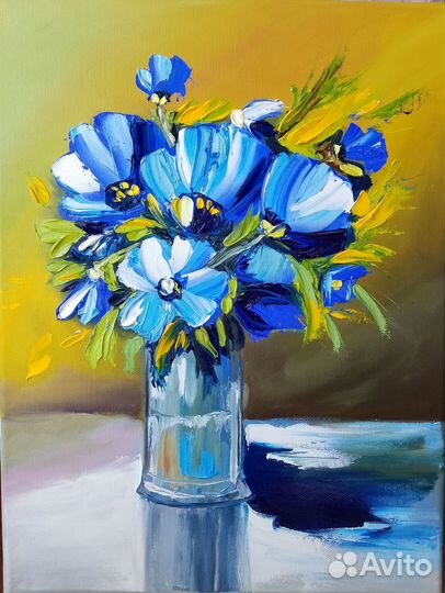 Картина букет голубые цветы холст масло