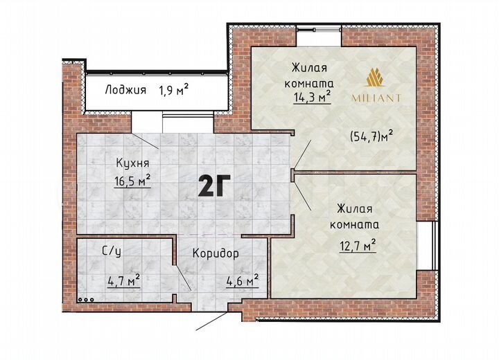 2-к. квартира, 54,7 м², 9/9 эт.