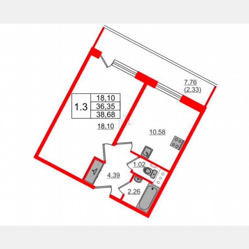 1-к. квартира, 38,7 м², 4/9 эт.