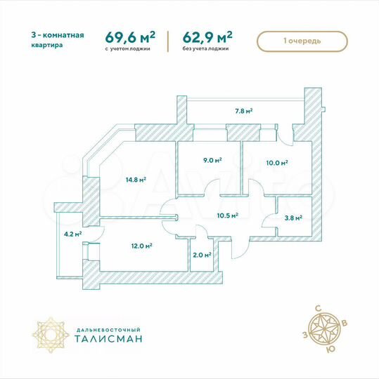 3-к. квартира, 69,6 м², 9/14 эт.