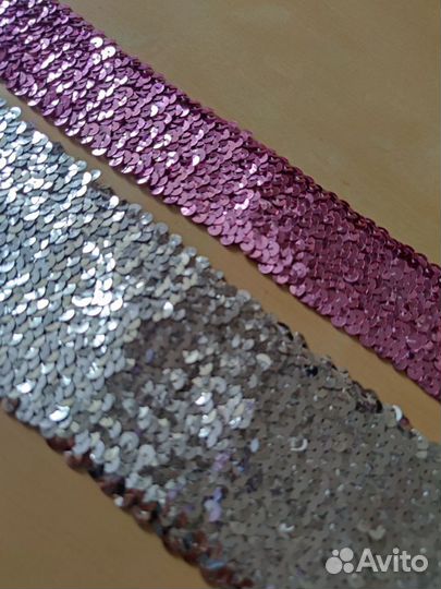 Тесьма пайеточная на резинке серебро и лиловый