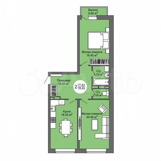 2-к. квартира, 78,4 м², 6/17 эт.