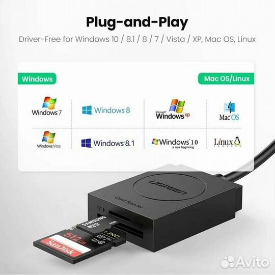 Картридер USB3.0 для чтения SD, microSD, новый