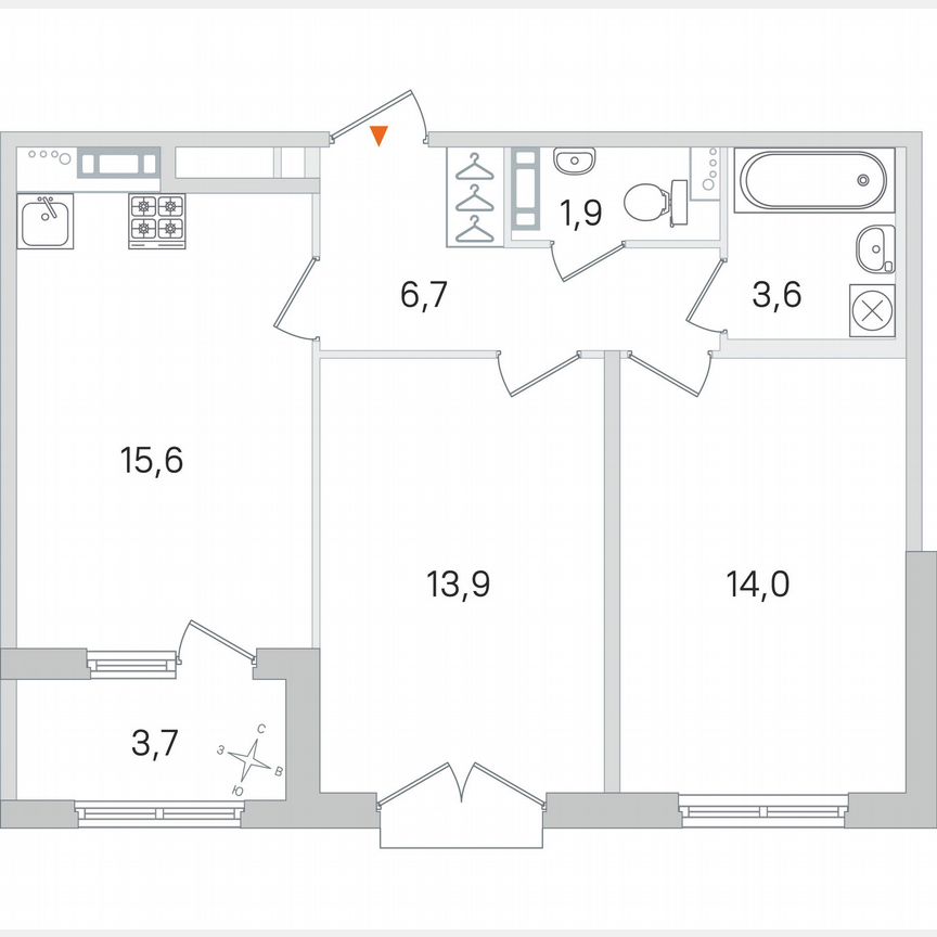 2-к. квартира, 57,6 м², 3/4 эт.