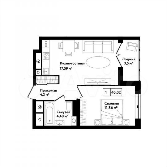 1-к. квартира, 40 м², 8/25 эт.