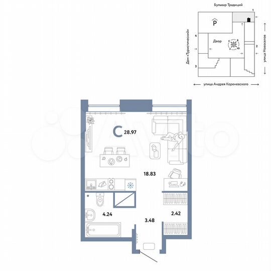 Квартира-студия, 29 м², 15/15 эт.