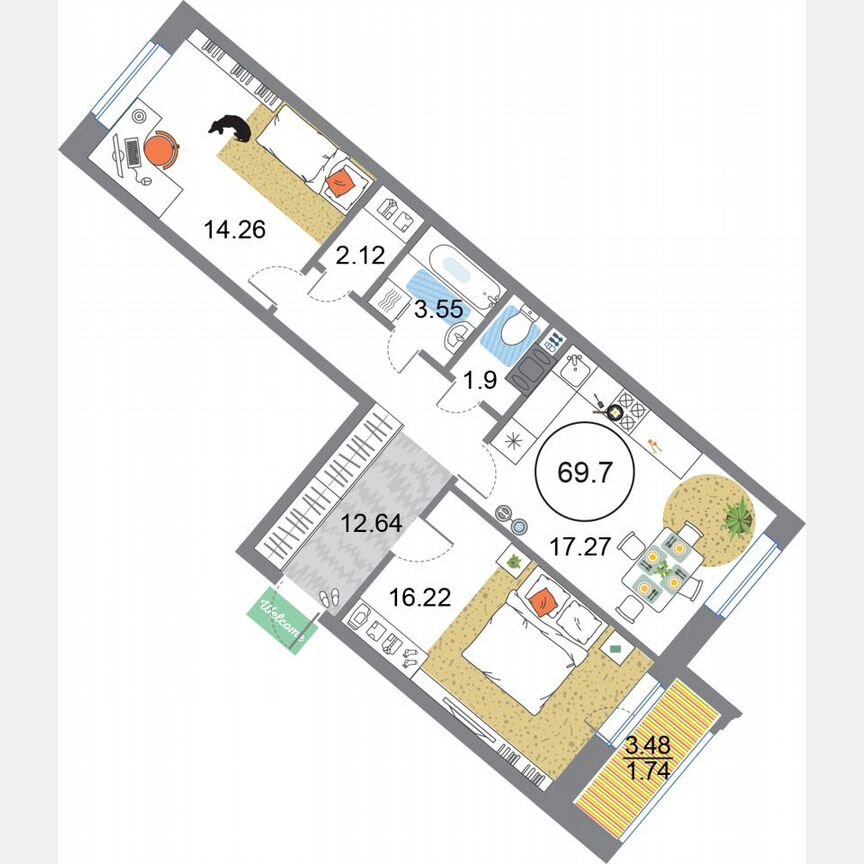 2-к. квартира, 69,7 м², 5/12 эт.