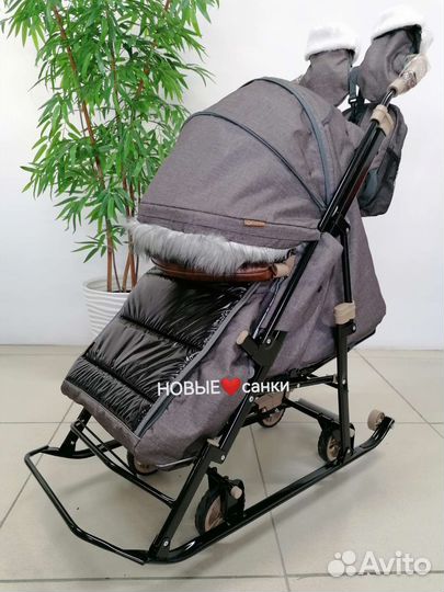 Новые санки-коляска Galaxy (лен/серо-коричневый)