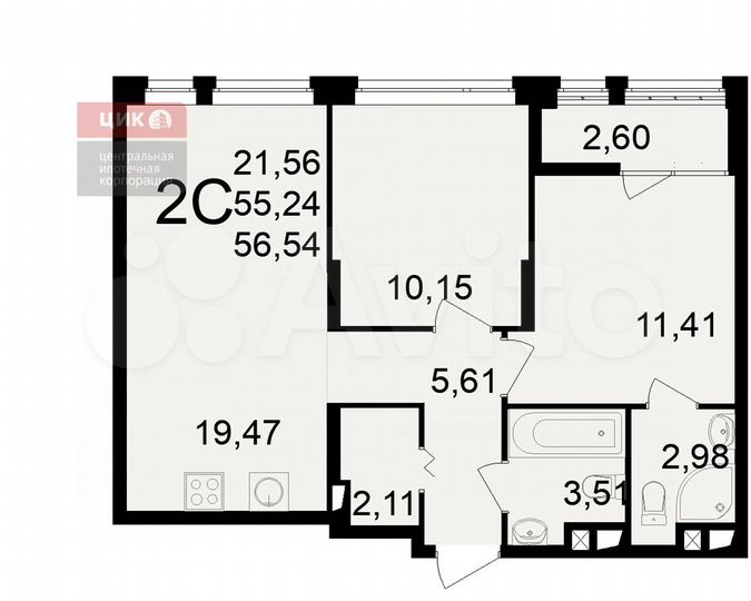 2-к. квартира, 56,5 м², 13/18 эт.