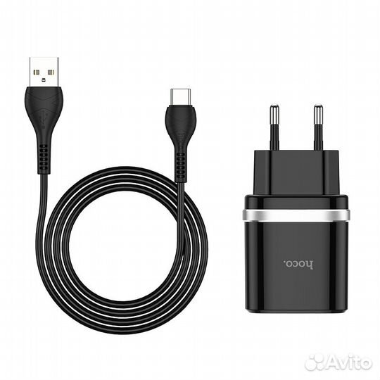 Сзу hoco C12Q (1USB, 3A,QC3.0) + кабель Type-C чер